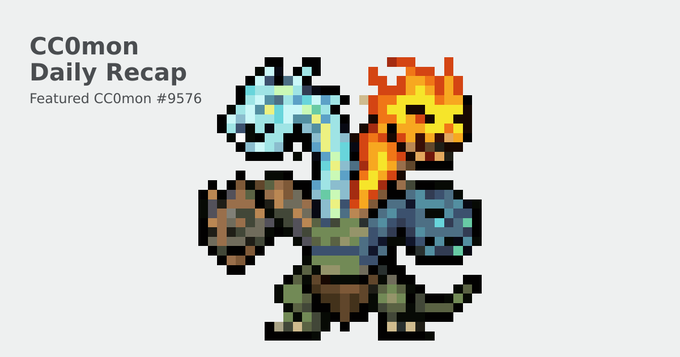 A pixel art illustration featured as 'CC0mon Daily Recap - Featured CC0mon #9576' showing a chimera-like creature with the heads of an ice unicorn and a fire creature, along with earth and water creature heads, all sharing a single quadrupedal body.