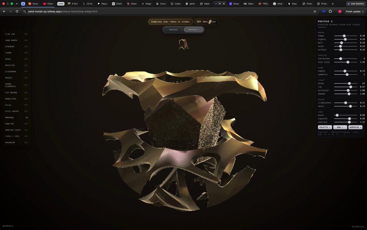 The image shows a computer screen displaying an animated 3D rendering of a golden statue or sculpture. The statue appears to be made up of various geometric shapes and has a metallic appearance. The background color of the image is black, which contrasts with the golden statue. The text in the image reads "I accidentally made proteus 2 this one really takes the original to the next level, don' you think? (original still is at the playground) play with it at the playground, link below download link below as well the original still dissapears sometimes, still working on it".
