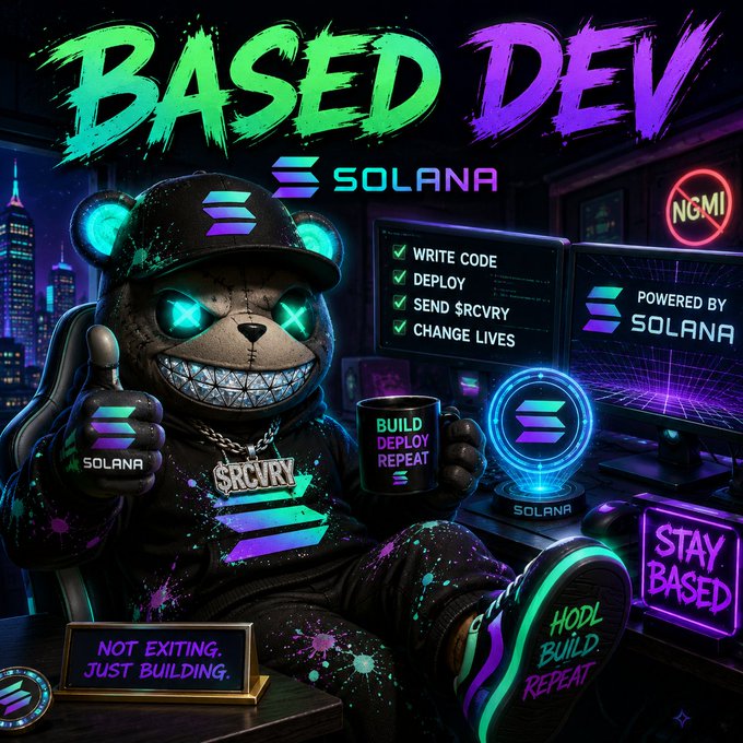 A neon-lit digital artwork of a menacing bear mascot character wearing a cap, surrounded by crypto and coding imagery, with the text 'BASED DEV SOLANA,' 'WRITE CODE, DEPLOY, SEND $RCVRY, CHANGE LIVES,' and 'NOT EXITING. JUST BUILDING.'