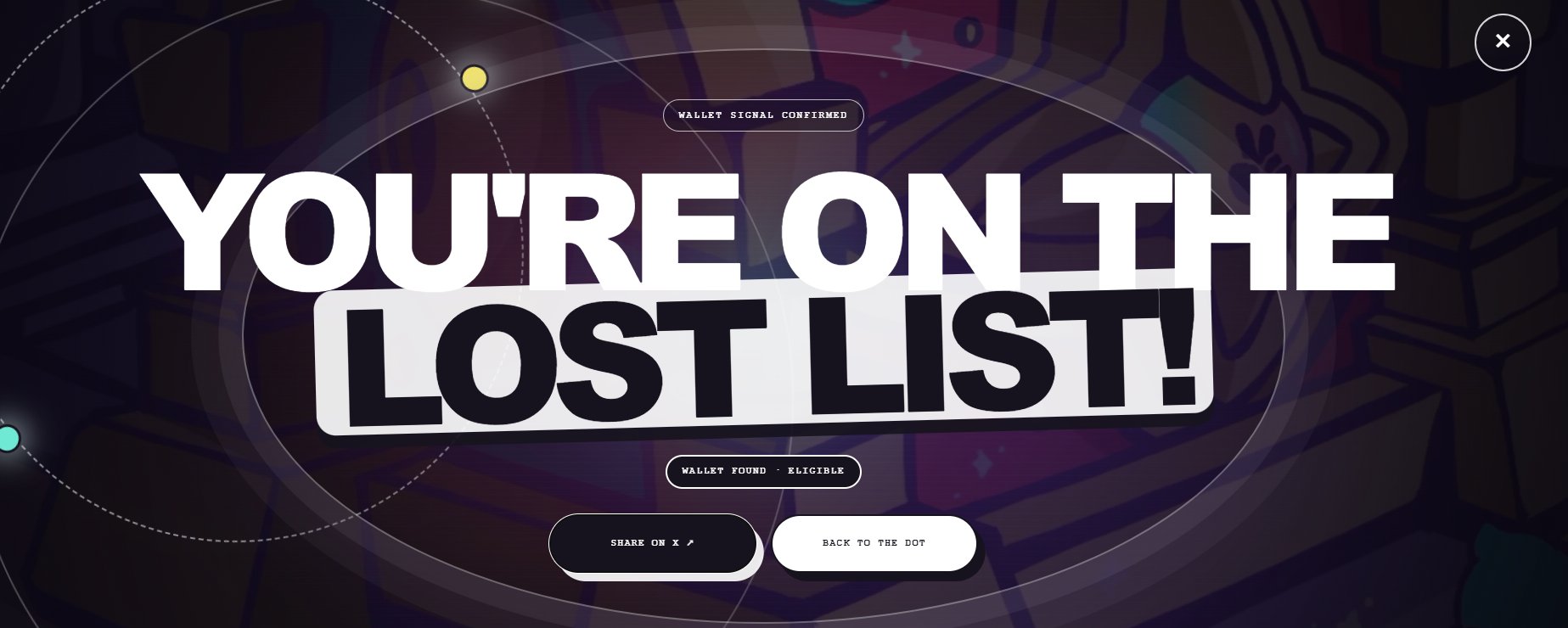 A confirmation popup screen reading 'YOU'RE ON THE LOST LIST!' with 'WALLET SIGNAL CONFIRMED' and 'WALLET FOUND - ELIGIBLE' labels, along with buttons to 'SHARE ON X' or go 'BACK TO THE DOT.'