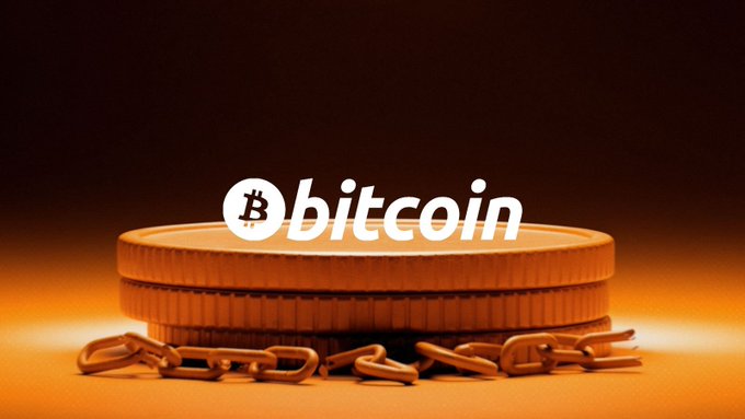 A promotional image showing stacked gold Bitcoin coins with a chain, featuring the Bitcoin logo and text.