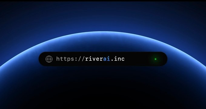 A stylized dark blue search/URL bar displays "https://riverai.inc" against a glowing blue arc background, evoking a sleek web interface. The image visually represents the Riverai platform referenced in the post, which highlights RiverdotInc's focus on capital efficiency by combining multiple utilities like satUSD, yield, and RIVER governance into a single position.