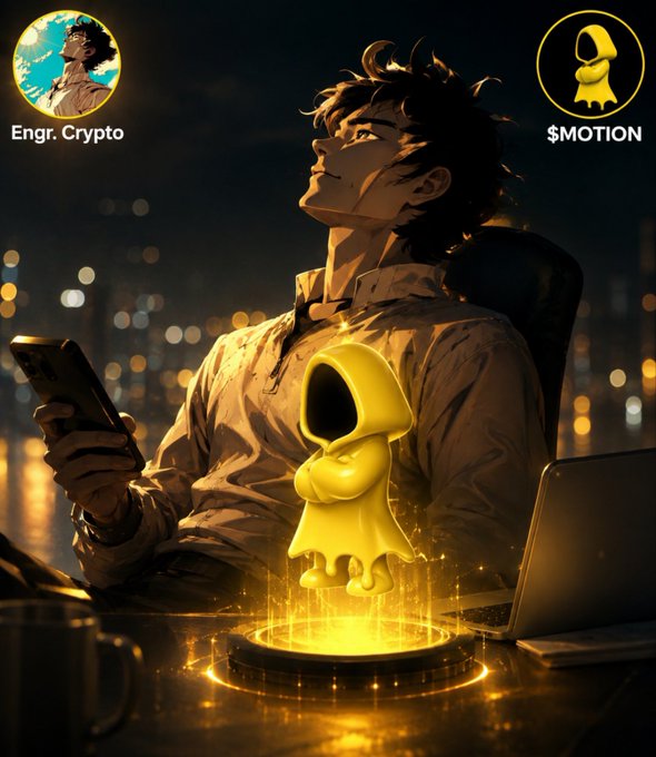 An anime-style promotional image featuring a young man holding a phone at night, with a glowing yellow hooded figure labeled '$MOTION' standing on a circular platform. The image includes 'Engr. Crypto' branding in the top left corner.
