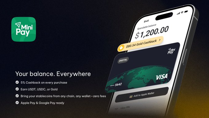 A promotional graphic for the MiniPay Card showcases a smartphone displaying a balance of $1,200.00 with a $80.54 Gold cashback offer, alongside a digital Visa card, highlighting key benefits like 5% cashback on every purchase, earning USDT/USDC/Gold, zero-fee stablecoin transfers from any chain, and Apple Pay & Google Pay compatibility.
