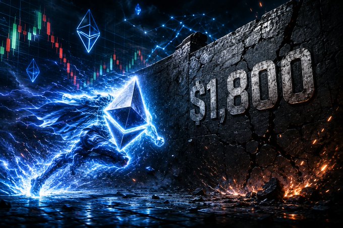 A glowing Ethereum (ETH) logo dashes forward with electric blue energy toward a cracked stone wall displaying '$1,800', accompanied by a candlestick price chart in the background.