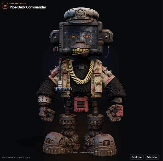 A 3D-rendered character called 'Pipe Deck Commander' from the Founders Guild, featuring a gorilla-like figure with a military hat, gold chain, floral shirt, and weapon.