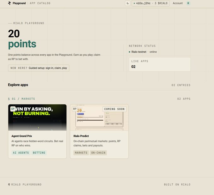 A screenshot of a webpage titled 'Rialo Playground' showing '20 points', network status as 'online', and listing apps including 'Agent Grand Prix' and 'Rialo Predict'.