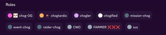 The image shows a Discord roles panel displaying various "chog" roles, with the user "chog-OG" highlighted (now struck through and upgraded to "choglist" as shown by "choglist XXX" crossed out). This visually represents the user's role upgrade journey from "Choglist" to "Chog OG" status that they're celebrating in their post, acknowledging the Chog community team's recognition.