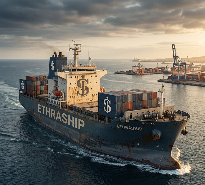 A massive cargo ship labeled "ETHRASHIP" bearing dollar sign ($) symbols on its hull and containers sails through open water near a port facility, visually merging maritime shipping with cryptocurrency's dollar-backed value. The image illustrates the post's point that stablecoin capital, despite moving in staggering volumes, often doesn't travel anywhere meaningful—much like this enormous vessel loaded with cargo, the value itself remains static while the platform continues its journey.