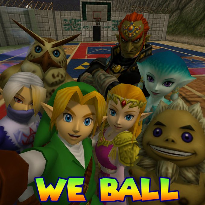 Various video game characters including Link, Zelda, and Ganondorf are gathered together with the text 'WE BALL' displayed at the bottom.