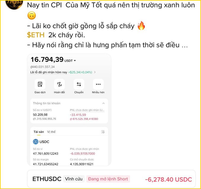 A Vietnamese-language social media post about a crypto market reaction, showing a portfolio worth $16,794.39 USDT with a $440,031,557.34 balance, and an ETHUSDC long position showing a -$6,278.40 USDC unrealized loss.