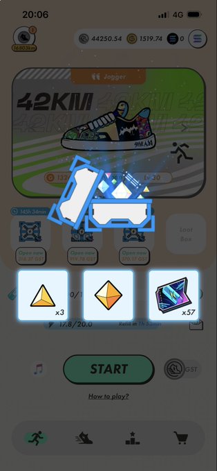 A mobile game screenshot showing a Jogger runner card at 42KM, with in-game currency (44,250.54 and 1519.74), loot box opening animation, and a START button.