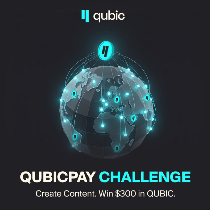 The image is a promotional graphic for the "QUBICPAY CHALLENGE" featuring the Qubic logo above a glowing digital globe with interconnected nodes, and the tagline "Create Content. Win $300 in QUBIC." It visually supports the post's message by symbolizing Qubic's global availability across 173 countries via Alchemy Pay, encouraging community members to create content demonstrating how to purchase $QUBIC using local payment methods like PIX, UPI, SPEI, or Visa in their respective regions.