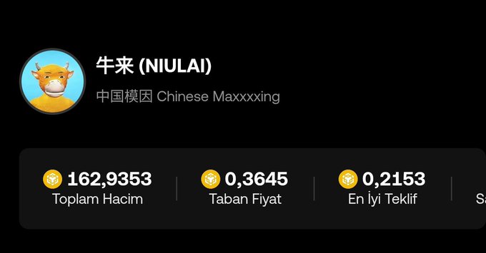 A profile card for '牛来 (NIULAI)' featuring a cartoon bull avatar, the tagline '中国模因 Chinese Maxxxing', and stats showing '162,9353 Toplam Hacim' and '0,3645 Taban Fiyat'.