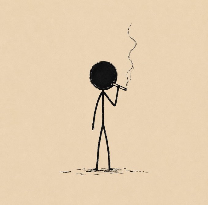 Minimalist sketch of a stick figure with a large round head smoking a cigarette, smoke curling upward against a beige background.