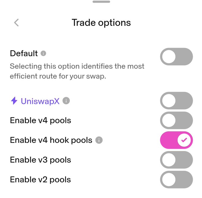 A 'Trade options' settings screen showing toggles for Default, UniswapX, Enable v4 pools, Enable v4 hook pools (selected), Enable v3 pools, and Enable v2 pools.