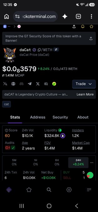 A mobile screenshot from ckoterminal.com showing the daCAT token priced at $0.0₃579, with a $1.41M market cap and a security score of 60.