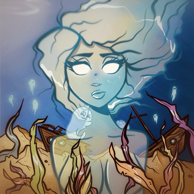 A stylized illustration of a pale, glowing woman with white eyes and flowing white hair, surrounded by floating jellyfish-like creatures and underwater kelp.