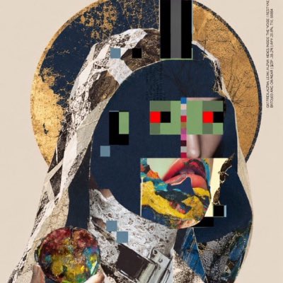 A pixelated digital collage art piece featuring a hooded figure with red eyes and a distorted face, with vertical text on the right side.
