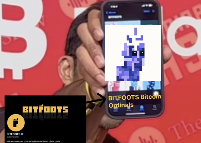 A promotional graphic for 'BITFOOTS Bitcoin Ordinals' featuring a pixel art purple character with rabbit-like ears, alongside a phone displaying the Bitcoin Ordinals app.