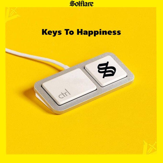 A promotional graphic for the 'Solflare' cryptocurrency wallet, displaying the text 'Keys To Happiness' above an image of a computer keyboard key with the Pi (π) symbol.