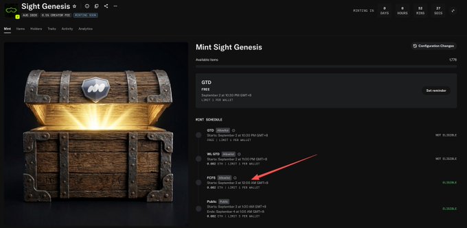 Screenshot of the "Sight Genesis" mint page showing GTD mint starting September 2 at 10:33 PM GMT+8, WL GTD at 11:00 PM, FCFS at 12:00 AM (1/10 odds), and Public at 1:00 AM, with a red arrow highlighting the FCFS phase that the post mentions will be tough to snag.