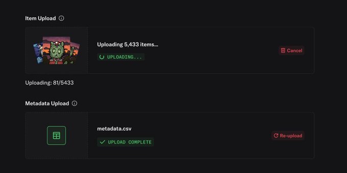 A dark interface showing an item upload status of 81/5433 and a 'UPLOAD COMPLETE' status for a metadata.csv file.