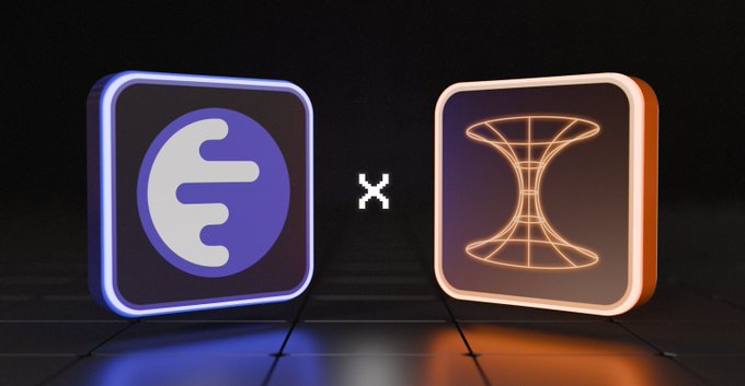 Two glowing app icons with an 'x' between them: a blue icon with the letter 'E' and an orange icon showing a wireframe hourglass shape.