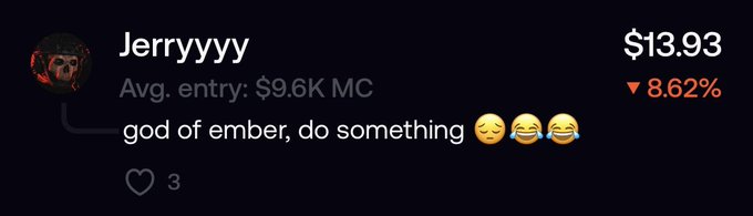 A crypto or trading portfolio entry for 'Jerryyyy' showing a balance of $13.93 with an 8.62% decrease, an average entry of $9.6K MC, and the comment 'god of ember, do something' with three laughing emojis.