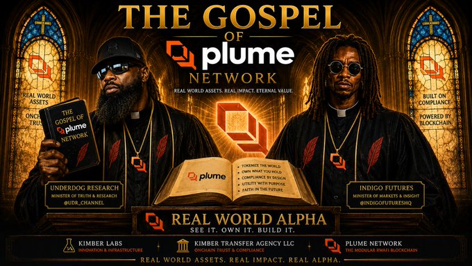 A promotional graphic titled 'THE GOSPEL OF plume NETWORK' featuring two men in clerical attire standing on either side of an open book, with text about 'REAL WORLD ASSETS' and 'INDIGO FUTURES'.