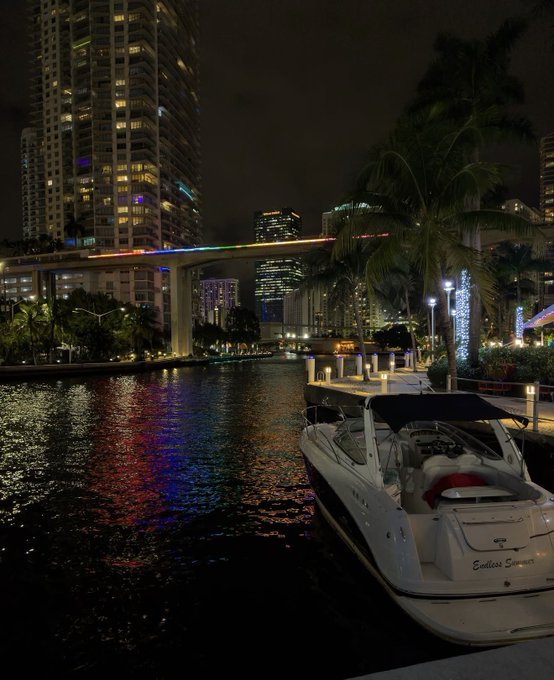 A nighttime waterfront scene shows a luxury yacht named "Endless Summer" docked along a riverwalk with illuminated high-rise buildings, palm trees, and a colorful bridge in the background. The image's glamorous, aspirational aesthetic of wealth and leisure complements the post's bold claim about becoming a crypto millionaire, evoking the lifestyle the poster promises will follow.