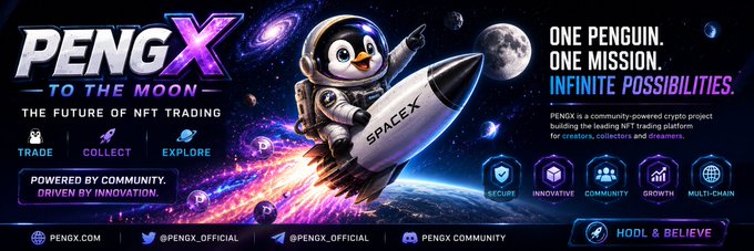 The image features a poster for a video game called "PengX X". A penguin, wearing a white jumpsuit with black trim and sunglasses, is riding a rocket ship through space. The penguin appears to be pointing towards the moon as if guiding the spacecraft. In the top left corner of the poster, there's information about the beta version of the game and how to play.