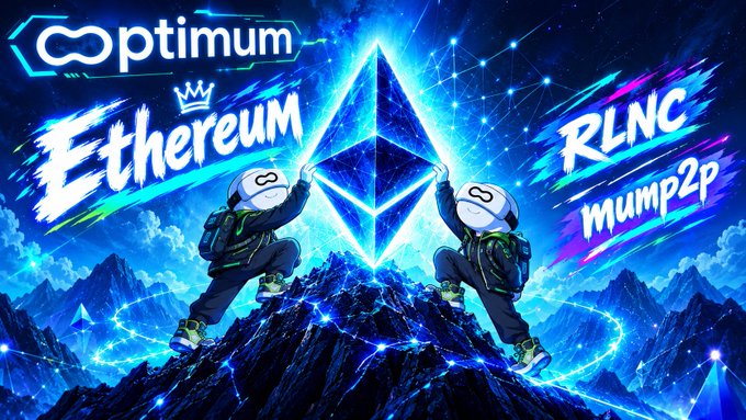 A vibrant digital artwork featuring two astronaut characters pushing up the Ethereum logo, with text reading 'Optimum', 'Ethereum', 'RLNC', and 'Mump2p' against a glowing blue landscape.
