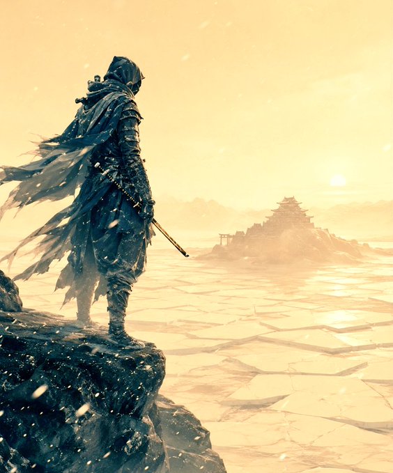 A hooded warrior in tattered robes stands on a snowy cliff, looking toward a distant castle at sunset in a sepia-toned fantasy landscape.