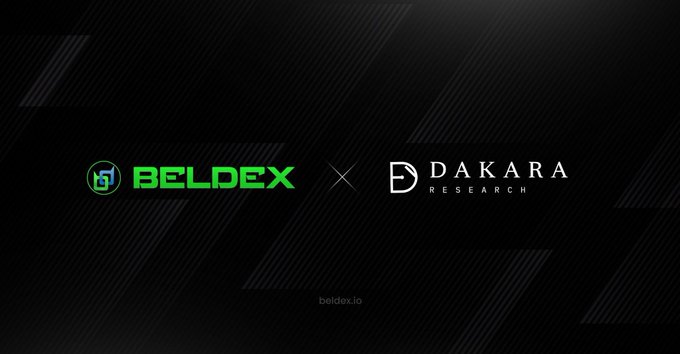 A graphic showing a collaboration between 'BELDEX' and 'DAKARA RESEARCH' with the website 'beldex.io' at the bottom.