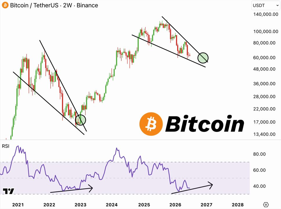 The image shows a bar graph with Bitcoin's price fluctuations across different time periods as indicated by two vertical lines going up or down, respectively. These bars represent the price of Bitcoin at various points throughout the years from 2011 to 2021. The focus of the image is on how Bitcoin's price has fluctuated over these periods and whether there are any patterns or trends that can be observed in its historical price movements.