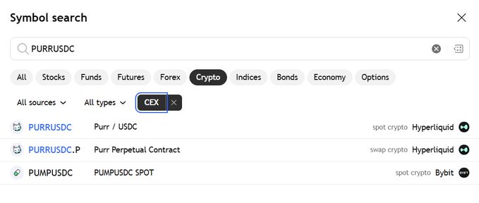A TradingView symbol search for "PURRUSDC" with the "Crypto" category and "CEX" filter selected shows PURR/USDC and Purr Perpetual Contract listed on Hyperliquid, illustrating the post's complaint that TradingView incorrectly classifies Hyperliquid—a decentralized exchange—as a centralized exchange (CEX).