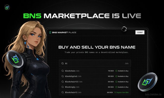 A promotional graphic for 'BNS MARKETPLACE' showing an illustrated blonde woman in a futuristic black suit next to an interface for buying and selling decentralized BNS names, with bns.beldex.io at the bottom right.