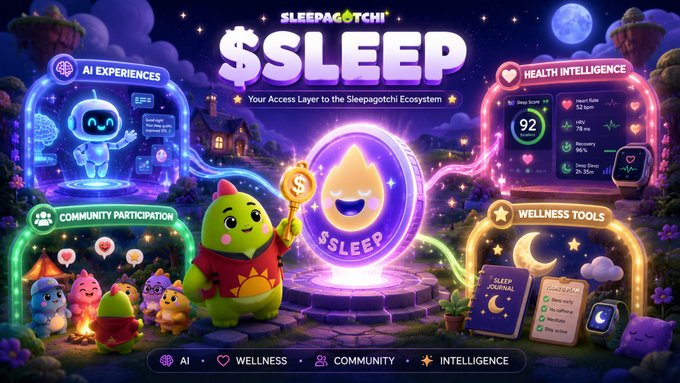 The image features a cartoon character named SLEEP holding up a coin with a smiley face on it. The background of the image shows a purple sky filled with stars, creating an atmosphere of relaxation and tranquility. In the foreground, there is text that reads "SLEEP", which is related to the main subject matter of the image. The image also includes other elements such as a robot, a book, and a clock, adding depth and context to the scene.