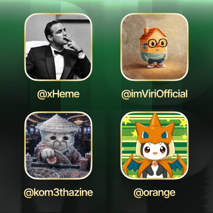 A grid of four profile pictures showcasing Pumpfun app creators: @xHeme (a man in a tuxedo smoking), @imViriOfficial (a cartoon house character), @kom3thazine (a cat in an Asian hat playing cards), and @orange (a cartoon character in a dragon costume), all displayed on a green background.