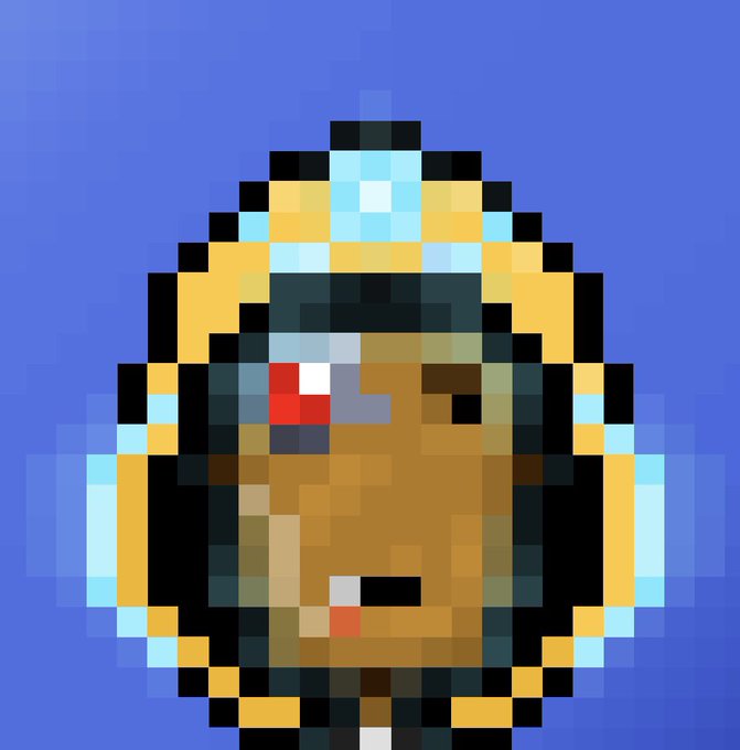 A highly pixelated digital icon or NFT-style artwork depicts a figure with yellow and blue accents against a solid blue background.