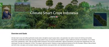 The image shows a webpage titled "ClimateSmart Crops Indonesia" featuring a photograph of cacao trees and people wearing traditional hats, likely related to Dimitra's ($DMTR) on-the-ground activities in North Aceh with local cacao growers.
