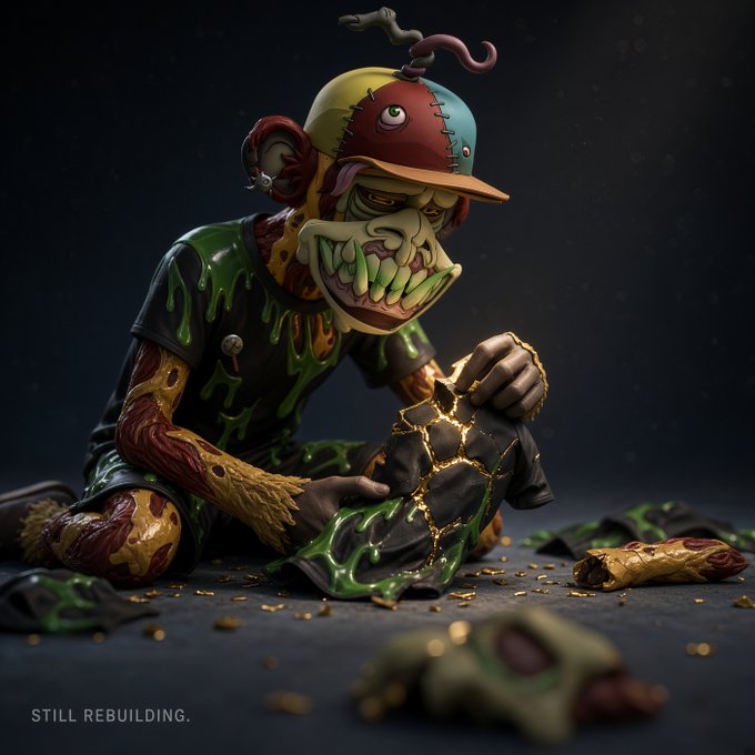 A detailed figurine of a grotesque zombie-like character wearing a patchwork cap, with green slime oozing from its body as it clutches a dark bag stitched with gold veins; text reads 'STILL REBUILDING.'