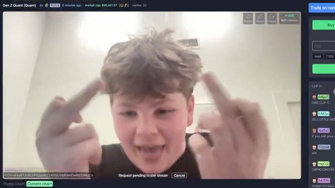 The image shows a young boy making playful finger gestures and an excited expression during a livestream on what appears to be a trading platform, with "Gen Z Quant (Quant)" displayed at the top alongside a market cap of $95,451.57. This relates to the post as the streamer appears to be promoting his newly launched memecoin on Robinhood, with viewers expressing concern about a potential rug pull.