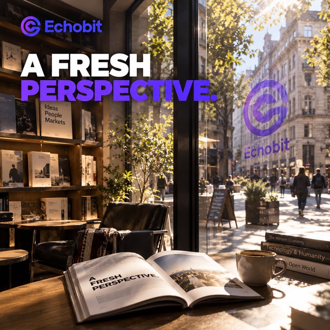 An advertisement for 'Echobit' featuring the text 'A FRESH PERSPECTIVE.' displayed on a window overlooking a Parisian street, with an open book and coffee on a table.
