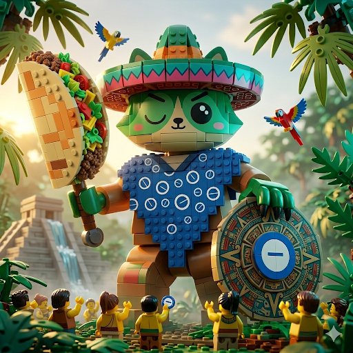 The image features a large Lego sculpture of a cat wearing a sombrero, holding a taco over its head as if it's about to eat it. There are several other smaller Lego figures scattered around the scene, including people dressed like ancient Mayan Indians with hats and clothing. The background includes palm trees and a waterfall, creating an immersive jungle setting for this whimsical scene. The image also contains text that reads "GM and happy taco Tuesday".