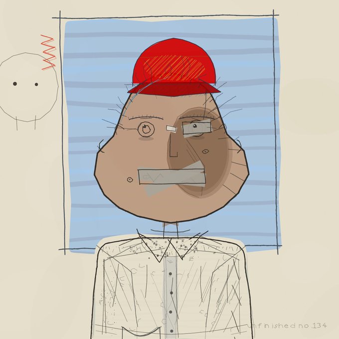 A cartoon-style drawing of a round-faced character wearing a red cap and white collared shirt, with a small ghost-like figure in the corner, labeled 'unfinished no 134'.
