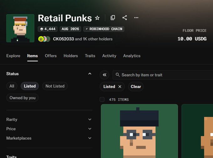 A screenshot of the 'Retail Punks' NFT collection page on a marketplace, showing a floor price of 10.00 USDG, listed items, and a pixel-art character with sunglasses and a dark cap.