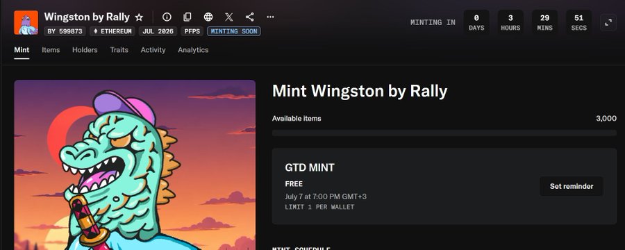 A webpage for 'Wingston by Rally' NFT mint on Ethereum in July 2026, showing a dinosaur character, a 3-day countdown timer, 3,000 available items, and a free GTD Mint limited to 1 per wallet on July 7 at 7:00 PM GMT+3.