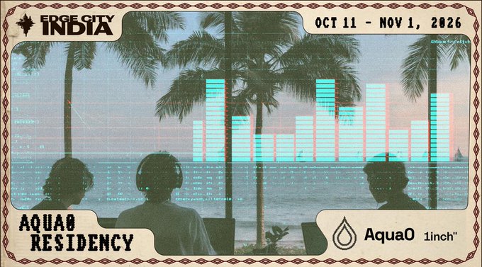 Promotional graphic for "EDGE CITY INDIA" AQUAO RESIDENCY held from OCT 11 - NOV 1, 2026, sponsored by AquaO and 1inch, featuring silhouetted figures against a tropical beach scene with data charts overlay.